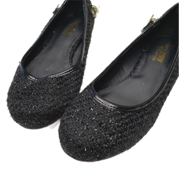 Twiggy London | Black Sparkle Tweed Round Toe Gold Slip On Flats Women's 7.5 - Picture 2 of 11